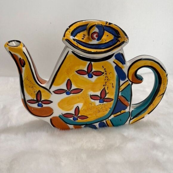 Kathryn Youngs By Ganz Bella Casa Yellow Blue Red Decorative Tea Pot Lid Damage - Picture 1 of 5